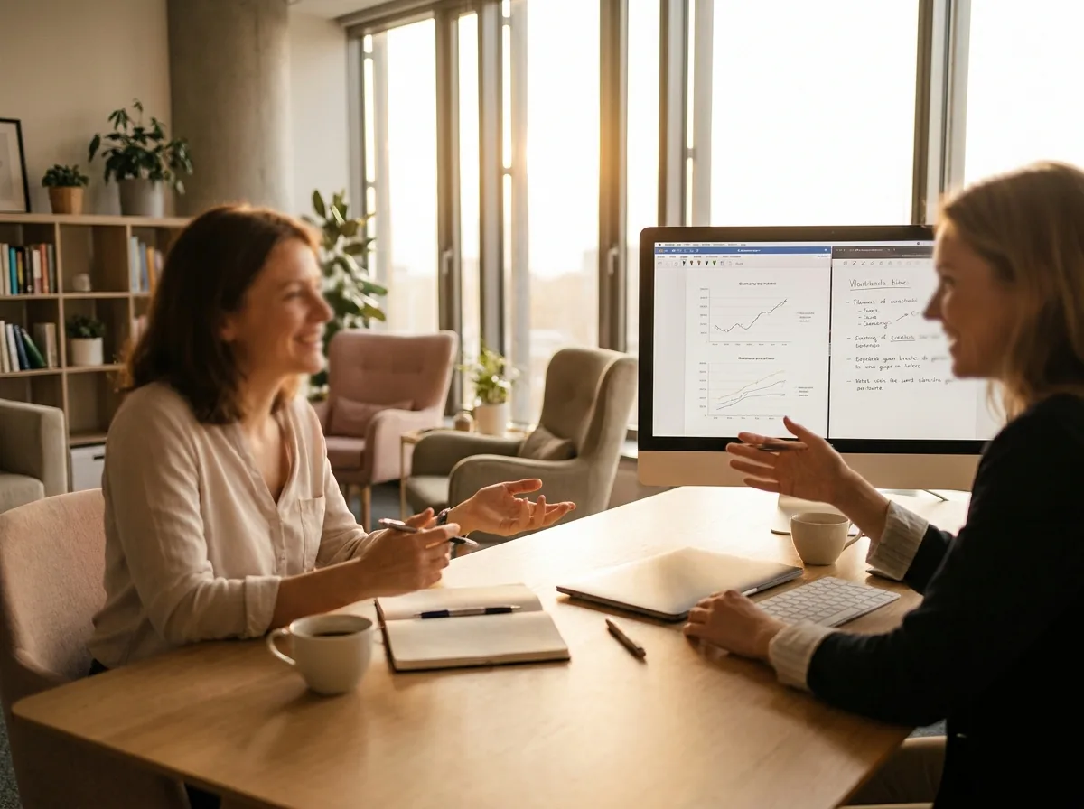 Coaching-Gespräch zweier Frauen in einem hellen, modernen Büro