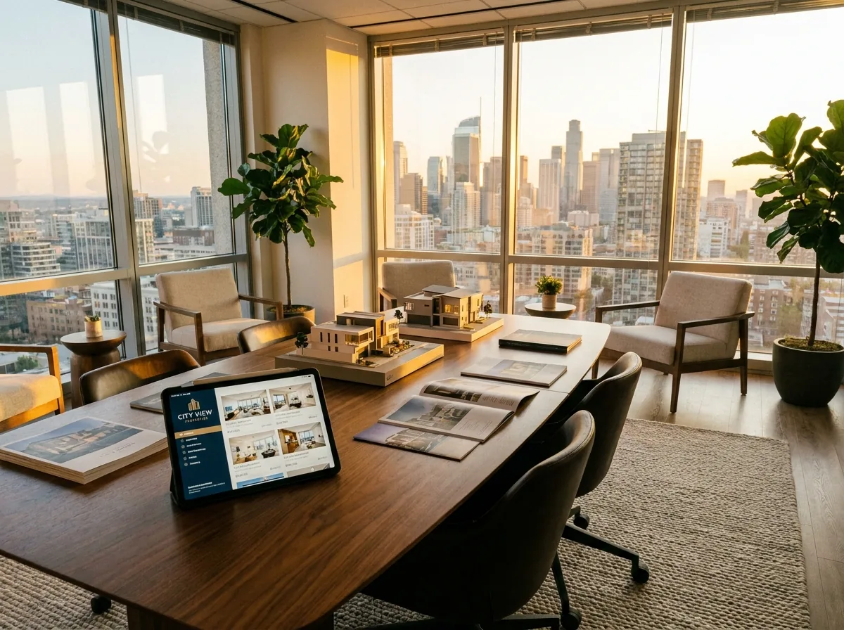 Büro eines Immobilienmaklers mit Tablet und Exposés vor einem Stadtpanorama