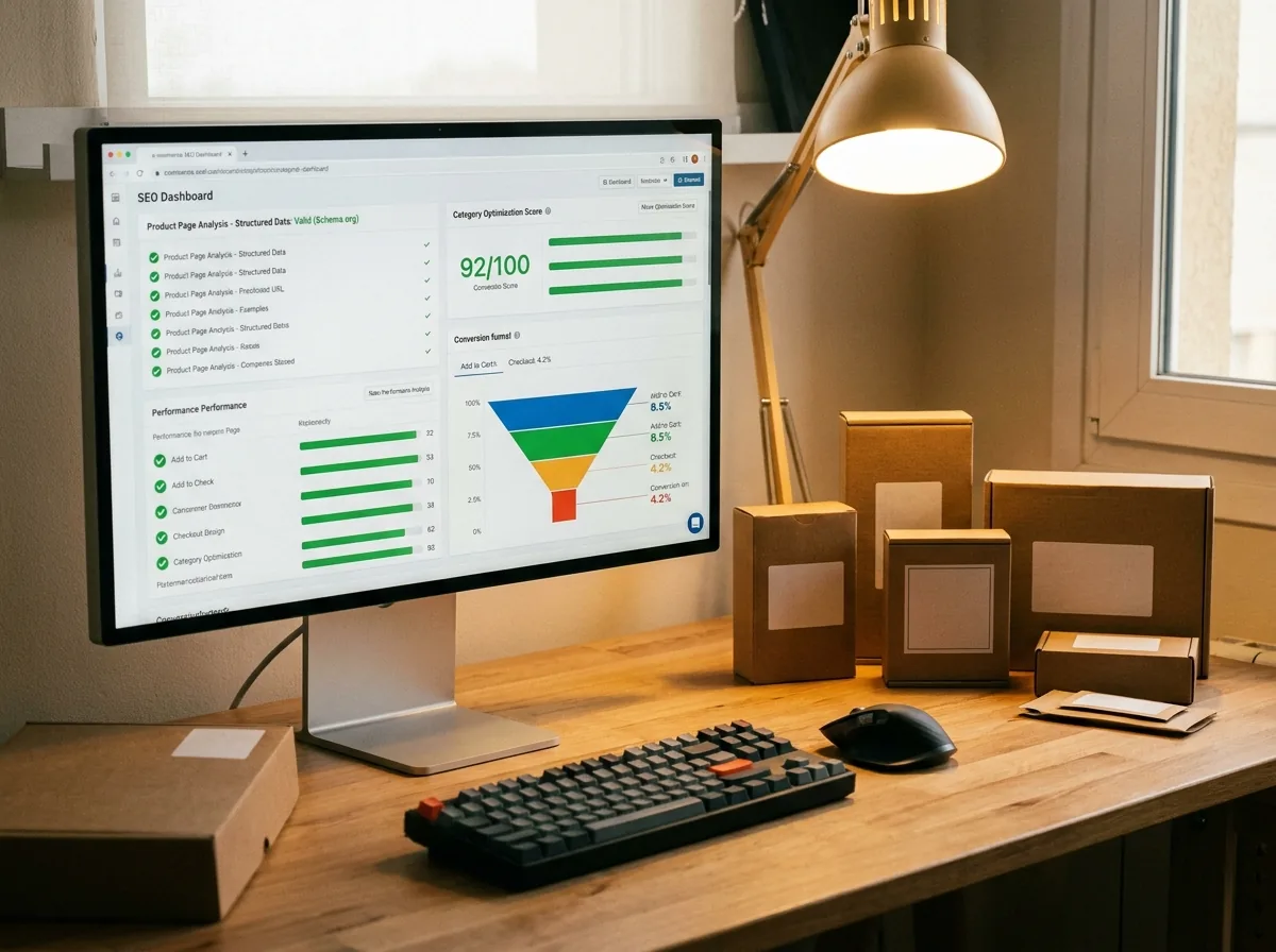 Arbeitsplatz mit Auswertungs-Dashboard und Versandkartons für einen Onlineshop