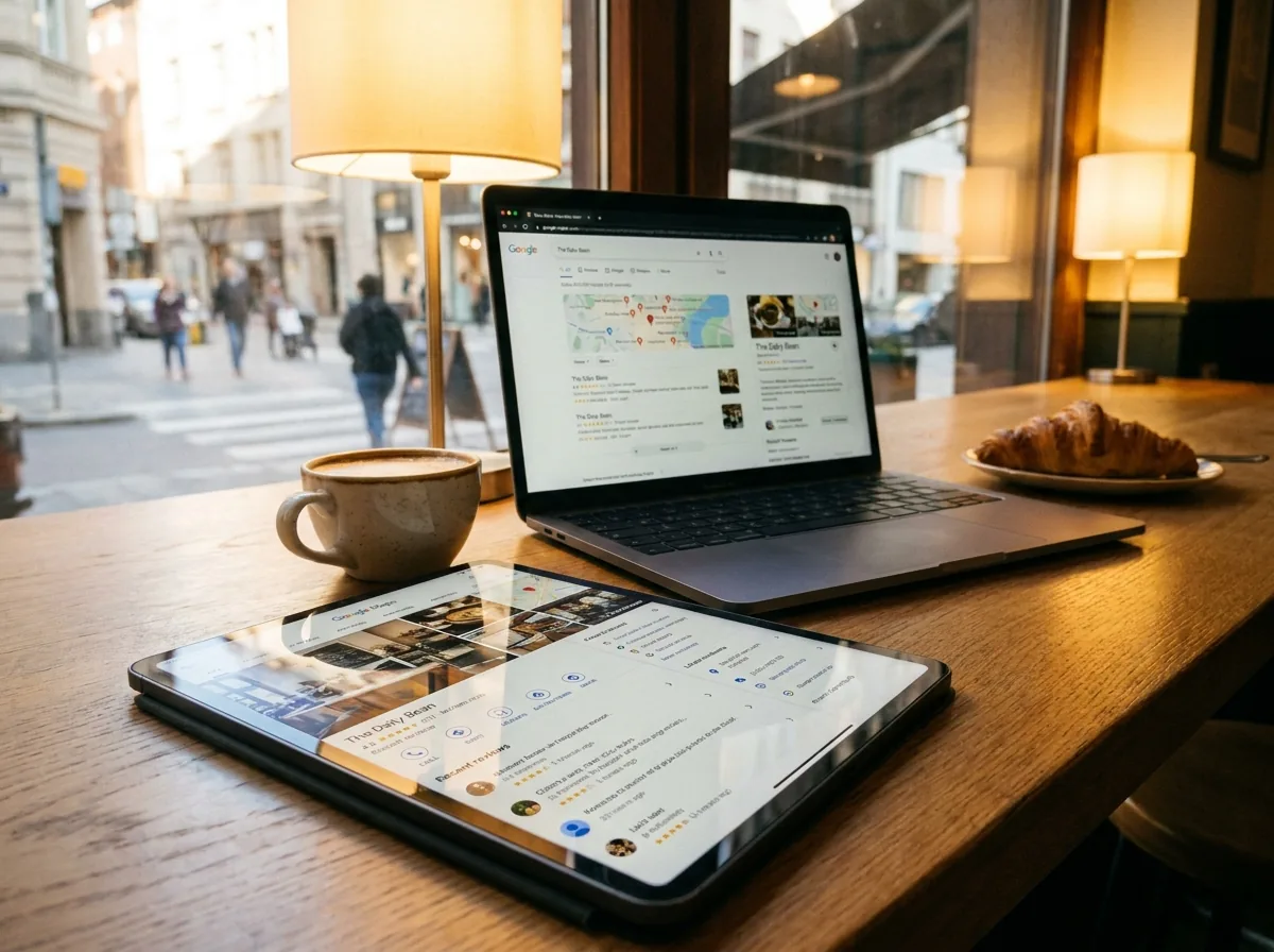 Laptop und Tablet mit Kartenansicht auf einem Café-Tisch mit Blick auf die Straße