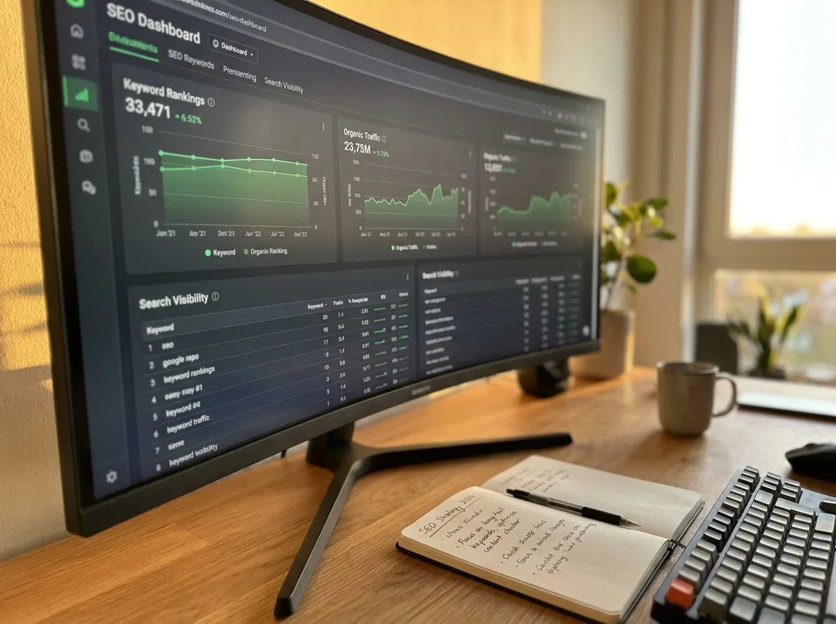Arbeitsplatz mit SEO-Dashboard auf einem gebogenen Monitor